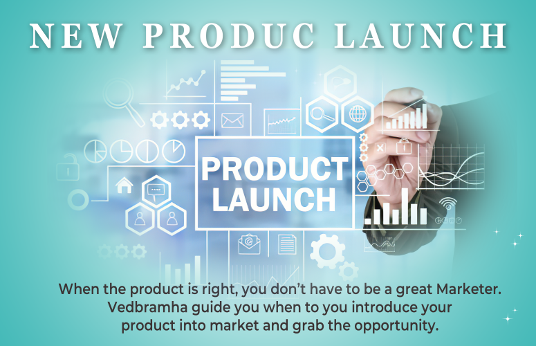 An image with a gradient of blue and green background and white text that relates product launch to astrology and spirituality. The text says that the image is from a website called Vedbrahma, which guides the user when to introduce their product into the market and grab the opportunity. The text also says that when the product is right, the user does not have to be a great marketer. The image also shows a hand holding a smartphone with a graph on it, indicating the potential growth of the product. The image has various icons and symbols related to marketing and product launch scattered throughout. The image conveys a sense of innovation and success.