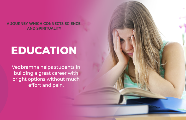 A blurred image of a girl reading a book at a desk, with a pink background and a text about education and spirituality. The text promotes a service called Vedbrahma that claims to help students with their career choices. The girl has blonde hair and a blue tank top.