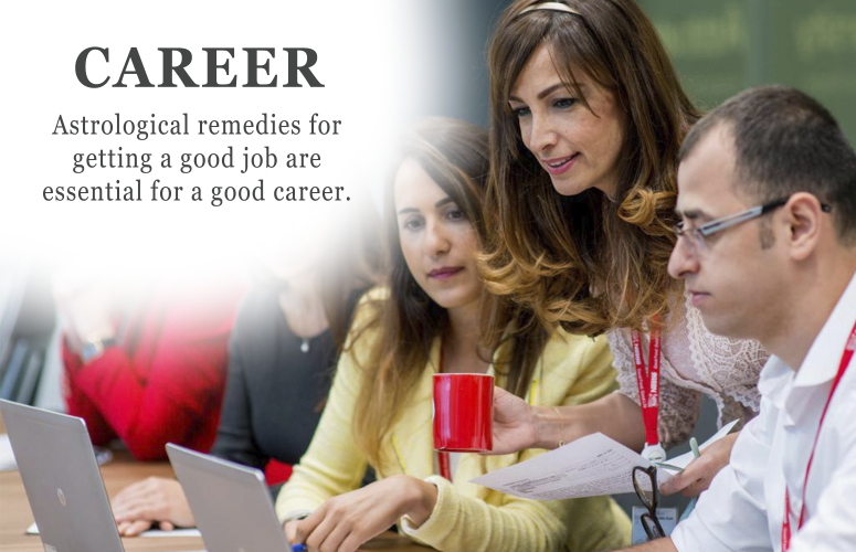 An image of a group of people attending a session on career astrology, with their faces blurred for privacy reasons. The image has a text that says that astrological remedies can help in getting a good job and having a good career. The people are sitting around a table with laptops and papers, and one of them is holding a red coffee mug. The image is from a website that offers online courses and consultations on astrology.