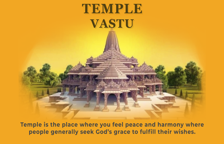 An image of a Hindu temple with a yellow background, with text that relates it to Vastu. The text says that temple is the place where you feel peace and harmony, where people generally seek God’s grace to fulfill their wishes. The text also says that the image is from a website that offers temple Vastu services or courses. The temple is a large, ornate structure with multiple levels and a pointed roof. The temple is surrounded by trees and a body of water. The image conveys a sense of peace and spirituality.