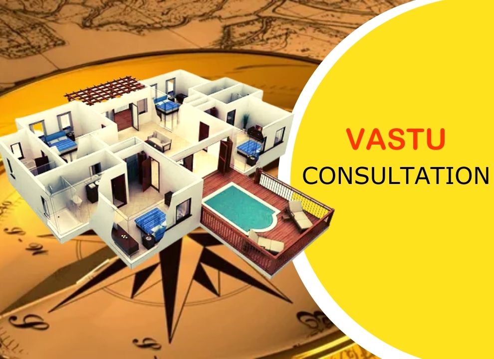 An image of a 3D model of a house with a yellow circle that says “VASTU CONSULTATION”. The house is white with blue furniture and a pool, and has different rooms such as a living room, a kitchen, a bedroom, and a bathroom. The background is a map with compass directions and a wind rose, indicating the orientation of the house. The image is from a website that offers Vastu consultation services, which are based on an ancient Indian system of architecture and design.